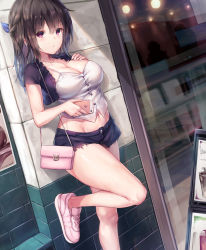Rule 34 | 1girl, against wall, bag, bare legs, black jacket, black shorts, blush, braid, breasts, brown hair, building, cellphone, cleavage, closed mouth, collarbone, commentary request, cropped jacket, day, fingernails, french braid, hair between eyes, hair ornament, hand on own chest, highres, holding, holding phone, jacket, large breasts, legs up, long hair, nail polish, navel, open clothes, open jacket, original, outdoors, phone, pink nails, pouty lips, purple eyes, shoes, short shorts, short sleeves, shorts, shoulder bag, smartphone, sneakers, solo, standing, standing on one leg, stomach, tama satou, white footwear