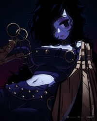 Rule 34 | 1girl, black eyes, black hair, black pants, breasts, closed mouth, edward scissorhands, edward scissorhands (character), expressionless, genderswap, genderswap (mtf), highres, jitome, large breasts, loen, long hair, looking at viewer, midriff, mole, mole under mouth, navel, pale skin, pants, scar, scar on face, solo, spiked belt, very long hair