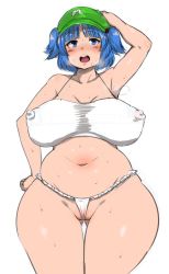 Rule 34 | 1girl, armpits, blue eyes, blue hair, blush, breasts, breasts apart, covered erect nipples, fundoshi, hair bobbles, hair ornament, hat, highres, japanese clothes, kawashiro nitori, large breasts, looking at viewer, navel, no bra, oozon (ozon), open mouth, plump, solo, standing, steam, sweat, touhou, two side up, underwear, wide hips