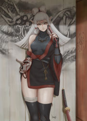 Rule 34 | 1girl, absurdres, black gloves, black kimono, black thighhighs, blunt bangs, breasts, facial mark, fingerless gloves, forehead mark, forehead tattoo, gloves, grey hair, hair ornament, hair stick, hair tubes, half updo, highres, japanese clothes, jewelry, katana, kimono, kumanz, large breasts, long hair, looking at viewer, mask, necklace, nintendo, off shoulder, open clothes, open kimono, paya (zelda), pointy ears, sheikah, signature, smile, solo, sword, the legend of zelda, the legend of zelda: breath of the wild, thighhighs, updo, weapon