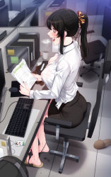 Rule 34 | 1girl, :d, absurdres, akchu, ass, back, barefoot, black hair, black nails, black panties, blush, breasts, chair, chobi (akchu), commentary request, covered erect nipples, highres, id card, keyboard (computer), large breasts, long hair, monitor, mouse (computer), nail polish, name tag, no bra, office lady, open mouth, original, panties, panties around ankles, panty pull, pencil skirt, ponytail, pussy juice, red eyes, saliva, see-through, sitting, skirt, slippers, smile, solo, sweat, teeth, underwear, wet, wet clothes