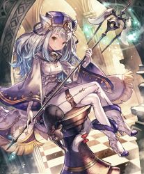 Rule 34 | 10s, animal ears, artist request, cat, cat ears, cat tail, checkered floor, chess piece, crossed legs, cygames, fur trim, gloves, hat, high heels, long hair, looking at viewer, official art, pants, shadowverse, shingeki no bahamut, sitting, smile, snow whitecat sage, solo, staff, tail, thigh strap, tight clothes, tight pants, white hair, wide sleeves, yellow eyes