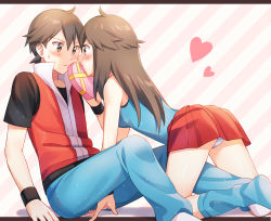 Rule 34 | 1boy, 1girl, all fours, blue shirt, blue socks, blush, brown eyes, brown hair, closed mouth, commentary request, cowlick, creatures (company), eye contact, game freak, heart, hetero, holding, leaf (pokemon), long hair, looking at another, loose socks, nintendo, panties, pants, pleated skirt, pokemon, pokemon frlg, red (pokemon), red skirt, scbstella, shirt, short hair, short sleeves, sitting, skirt, sleeveless, sleeveless jacket, sleeveless shirt, socks, striped clothes, striped panties, sweatdrop, t-shirt, underwear, valentine, white socks, wristband