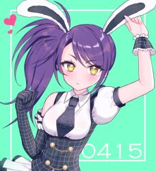 Rule 34 | 1girl, absurdres, animal ears, arm up, black gloves, black necktie, breasts, closed mouth, collared shirt, elbow gloves, fake animal ears, gloves, green background, hair between eyes, hand up, highres, holding ear, hourai ninjin, long hair, looking at viewer, medium breasts, necktie, pretty series, pripara, purple hair, rabbit ears, shirt, side ponytail, single glove, solo, sweat, toudou shion, upper body, white shirt, wrist cuffs, yellow eyes