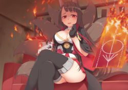 Rule 34 | 1girl, :d, akagi (azur lane), animal ears, azur lane, black thighhighs, breasts, brown hair, burning, cleavage, commentary request, crossed legs, cushion, dress, eyeshadow, fire, flight deck, fox ears, fox tail, holding, japanese clothes, kitsune, large breasts, long hair, looking at viewer, makeup, multiple tails, open mouth, paper, pleated dress, red eyes, shaded face, sitting, smile, solo, tachimi (basue), tail, thighhighs, zettai ryouiki