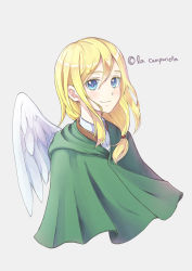Rule 34 | 1girl, blonde hair, blue eyes, capelet, collared shirt, cropped torso, feathered wings, green capelet, grey background, hair between eyes, hair over shoulder, highres, krista lenz, la campanella, long hair, looking at viewer, shingeki no kyojin, shirt, sidelocks, simple background, single wing, smile, solo, twitter username, white shirt, white wings, wing collar, wings