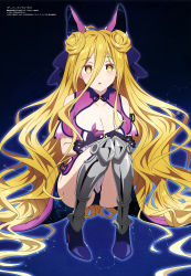 Rule 34 | 1girl, absurdres, aquarius (constellation), armor, armored boots, ass, black panties, blonde hair, blush, boots, breasts, cleavage, clothes lift, collarbone, constellation print, date a live, dress, hair between eyes, hair ribbon, high heel boots, high heels, highres, hoshimiya mukuro, leo (constellation), long bangs, long hair, looking at viewer, megami magazine, official art, open mouth, panties, pelvic curtain, purple dress, ribbon, scan, scorpius (constellation), skirt, skirt lift, solo, squatting, taurus (constellation), thighs, underwear, very long hair, virgo (constellation), yellow eyes
