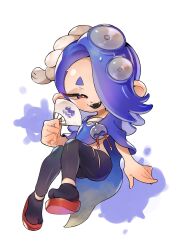 Rule 34 | 1girl, black pants, blue hair, blue shawl, chest sarashi, commentary request, deformed, eyelashes, fangs, folding fan, hachimaki, hair over one eye, hand fan, headband, highres, holding, holding fan, invisible chair, long hair, nejiri hachimaki, nintendo, octoling, open mouth, pants, po (moudameda17), red eyes, sarashi, shawl, shiver (splatoon), simple background, sitting, smile, solo, splatoon (series), splatoon 3, tentacle hair, thick eyebrows, torn clothes, torn pants, white background