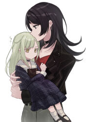 Rule 34 | 2girls, absurdres, aged down, animal ears, aoki shizumi, bang dream!, bang dream! it&#039;s mygo!!!!!, black choker, black dress, black hair, black jacket, carrying, carrying person, child, choker, closed mouth, commentary request, dog ears, dress, earrings, expressionless, green eyes, green hair, grey skirt, highres, jacket, jewelry, kemonomimi mode, long hair, long sleeves, multiple girls, plaid, plaid dress, red shirt, shirt, shirt grab, simple background, skirt, translation request, wakaba mutsumi, white background, yahata umiri, yellow eyes