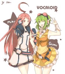 Rule 34 | 2girls, \m/, ahoge, bad id, bad pixiv id, goggles, goggles on head, green eyes, green hair, gumi, headphones, headset, itsia, itsiaorz, long hair, multiple girls, one eye closed, red eyes, red hair, sf-a2 miki, short hair, smile, vocaloid, wink