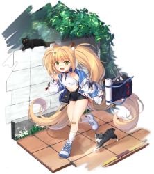 Rule 34 | 1girl, :d, absurdly long hair, animal, animal ear fluff, animal ears, armpit crease, azur lane, backpack, bag, bandaid, bandaid on knee, bandaid on leg, bare shoulders, black shorts, blonde hair, cat, crop top, fang, flat chest, green eyes, hair ornament, hand up, handbag, highres, holding, jacket, lion ears, long hair, long sleeves, looking at viewer, makinami (azur lane), makinami (time for school!) (azur lane), midriff, navel, off shoulder, official alternate costume, official art, open clothes, open jacket, open mouth, philomelalilium, pouch, running, shirt, shoes, short shorts, shorts, sleeveless, sleeveless shirt, smile, sneakers, socks, solo, thighs, transparent background, turret, twintails, very long hair, white jacket, white shirt, white socks