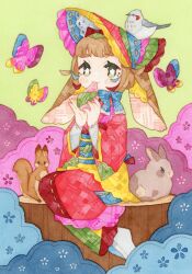 Rule 34 | 1girl, absurdres, animal ears, bird, bonnet, brown hair, bug, butterfly, cloud, commentary request, eating, floppy ears, food, full body, highres, holding, holding food, insect, japanese clothes, kimono, long sleeves, looking at viewer, lupin strawberry, obi, original, painting (medium), rabbit, rabbit ears, red kimono, sash, sitting, solo, squirrel, traditional media, tree stump, watercolor (medium)