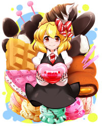 Rule 34 | 1girl, ascot, black skirt, black vest, blonde hair, blush, bow, chocolate icing, closed mouth, collared shirt, commentary request, eyelashes, fingernails, food, hair bow, happy valentine, holding, ice cream, ice cream cone, juliet sleeves, kashuu (b-q), long sleeves, looking at viewer, nail polish, necktie, pink nails, puffy sleeves, red bow, red eyes, red necktie, rumia, sharp fingernails, shirt, short hair, sitting, skirt, smile, solo, striped, striped bow, touhou, vest, waffle, white shirt, wing collar