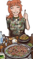 Rule 34 | 1girl, animal collar, animal ears, black nails, borrowed clothes, bowl, camouflage, camouflage shirt, closed eyes, collar, commentary request, dog ears, dog girl, ear piercing, english text, facing viewer, fangs, fingernails, food, food on face, food request, green collar, grin, hand up, highres, long hair, mitsu (hitsujigoods), mossacannibalis, orange hair, original, piercing, rice, sharp fingernails, shirt, short sleeves, simple background, smile, solo, t-shirt, table, thumbs up, upper body, white background