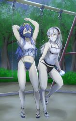 Rule 34 | 2girls, artist request, black panties, blue eyes, blue hair, blue mask, character request, check artist, check character, coronavirus, coronavirus pandemic, corrin (female) (fire emblem), corrin (fire emblem), fire emblem, fire emblem awakening, fire emblem fates, full body, hairband, highres, lucina (fire emblem), mask, midriff, mouth mask, multiple girls, navel, night, nintendo, pandemic, panties, playground, red eyes, sandals, swing, tiara, underwear, vidolus, white hair, white mask