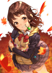 Rule 34 | 1girl, autumn leaves, black jacket, blazer, blush, bow, brown cardigan, brown hair, cardigan, collared shirt, commentary request, dress shirt, floating hair, grey skirt, grin, hair ornament, hairclip, head tilt, highres, hood, hood down, hooded cardigan, jacket, kabu (niniko2ko), leaf, long hair, long sleeves, looking at viewer, maple leaf, mouth hold, hugging object, open clothes, open jacket, original, plaid, plaid bow, plaid skirt, pleated skirt, red bow, red eyes, school uniform, shirt, skirt, smile, solo, standing, thighhighs, white shirt, white thighhighs