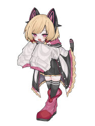 Rule 34 | 1girl, animal ear headphones, animal ears, black skirt, black thighhighs, blonde hair, blue archive, blush stickers, boots, bow, codename jaroa, commentary request, fake animal ears, full body, hair bow, headphones, highres, jacket, long sleeves, looking at viewer, momoi (blue archive), open mouth, pink footwear, pleated skirt, purple eyes, red bow, ringed eyes, sidelocks, simple background, skirt, sleeves past fingers, sleeves past wrists, solo, standing, tail, thighhighs, thighhighs under boots, white background, white jacket