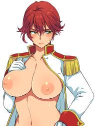 Rule 34 | 10s, 1girl, bad id, bad pixiv id, blush, breast suppress, breasts, cleavage, crossdressing, epaulettes, eroe, female focus, gloves, green eyes, hand on own chest, hiiragi akira, huge breasts, jacket, large breasts, lips, looking to the side, navel, nipples, open clothes, open jacket, red hair, reverse trap, shiny skin, short hair, simple background, solo, spoilers, sweatdrop, uniform, upper body, valkyrie drive, valkyrie drive -mermaid-, white background, white gloves, white jacket