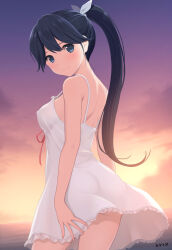 Rule 34 | 1girl, absurdres, ass, azuki-iro, back, bare arms, bare shoulders, black hair, blue eyes, bottomless, breasts, closed mouth, commentary request, covered erect nipples, dress, evening, gradient sky, hair ribbon, high ponytail, highres, houshou (kancolle), kantai collection, long hair, looking at viewer, neck ribbon, no bra, no panties, orange sky, outdoors, purple sky, red ribbon, ribbon, signature, sky, sleeveless, sleeveless dress, small breasts, solo, spaghetti strap, sundress, sunset, white dress, white ribbon