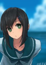 Rule 34 | 10s, 1girl, 2015, black hair, blouse, blue sky, blurry, blush, close-up, collarbone, dated, depth of field, eyebrows, fubuki (kancolle), green eyes, hair ornament, hairclip, highres, kantai collection, looking at viewer, portrait, school uniform, serafuku, shirt, sidelocks, sky, solo, tabiaki (cosy catastrophe), tabisora