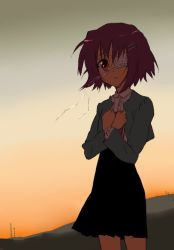 Rule 34 | 00s, 1girl, bad id, bad pixiv id, black skirt, blush, brown eyes, ef (visual novel), eyepatch, hands on own chest, jpeg artifacts, long hair, long sleeves, looking at viewer, pink hair, shindou chihiro, short hair, skirt, solo, standing, tanmomo