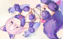 Rule 34 | 1girl, animal ear fluff, animal ears, animal hands, bad id, bad pixiv id, black panties, breasts, claw pose, cleavage, emyo, fate/grand order, fate (series), fur-trimmed gloves, fur-trimmed legwear, fur trim, gloves, halloween costume, hands up, large breasts, light purple hair, looking at viewer, mash kyrielight, mash kyrielight (dangerous beast), navel, o-ring, o-ring top, official alternate costume, open mouth, panties, paw gloves, purple eyes, purple thighhighs, revealing clothes, short hair, solo, stomach, tail, thighhighs, underwear, wavy mouth, wolf ears, wolf tail