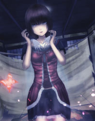 Rule 34 | 1girl, abandoned, amakura mayu, black hair, breasts, brown eyes, bug, butterfly, candle, cherry blossoms, creepy, dress, fatal frame, fatal frame 2, ghost, hands on neck, highres, horror (theme), insect, interior, japanese clothes, kimono, night, nikuman (samara), short hair, siblings, skirt, sliding doors, small breasts, tatami
