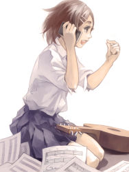 Rule 34 | 1girl, acoustic guitar, bad id, bad pixiv id, brown hair, cellphone, guitar, hair ornament, hairclip, instrument, open mouth, original, phone, pleated skirt, pomodorosa, seiza, sheet music, shirt, short hair, simple background, sitting, skirt, solo, white background