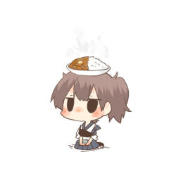 Rule 34 | 10s, 1girl, black eyes, blush, bowl, brown hair, chibi, curry, curry rice, food, food on head, kaga (kancolle), kantai collection, lowres, object on head, rebecca (keinelove), rice, short hair, side ponytail, sitting, solo