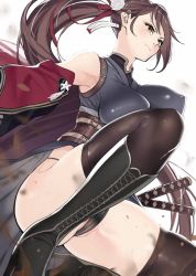 Rule 34 | 1girl, armpits, azur lane, bare shoulders, belt, black footwear, black kimono, black panties, boots, breasts, brown hair, brown thighhighs, corset, covered erect nipples, cross-laced footwear, japanese clothes, kimono, large breasts, long hair, multiple belts, multiple swords, official alternate costume, ootani nonno, panties, ponytail, shoulder strap, simple background, solo, thighhighs, underwear, very long hair, white background, yellow eyes, zuikaku (azur lane), zuikaku (ceremonial crane) (azur lane)