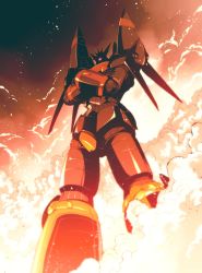 Rule 34 | absurdres, crossed arms, fire, glowing, glowing eye, gunbuster, gunbuster pose, highres, ishiyumi, looking down, mecha, no humans, one-eyed, red eyes, robot, science fiction, solo, super robot, top wo nerae!