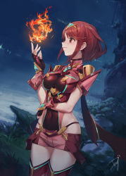 Rule 34 | 1girl, armor, breasts, closed mouth, covered navel, cowboy shot, earrings, fingerless gloves, fire, fire, gem, gloves, hand up, headpiece, highres, impossible clothes, impossible leotard, jewelry, leotard, medium breasts, night, night sky, nintendo, outdoors, profile, pyra (xenoblade), pyrokinesis, red eyes, red gloves, red hair, red leotard, red shorts, red thighhighs, revision, short hair, short shorts, shorts, shoulder armor, shoulder pads, sidelocks, skin tight, skindentation, sky, smile, solo, standing, tareme, thighhighs, tugo, wrist guards, xenoblade chronicles (series), xenoblade chronicles 2