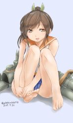 Rule 34 | 10s, 1girl, barefoot, blue one-piece swimsuit, brown eyes, brown hair, feet, hair ornament, hairclip, hands on feet, highres, i-401 (kancolle), kantai collection, looking at viewer, machinery, one-piece swimsuit, one-piece tan, orange sailor collar, ponytail, sailor collar, school swimsuit, short hair, short ponytail, sitting, solo, swimsuit, swimsuit under clothes, tan, tanline, toes, tororo ten, twitter username