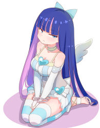 Rule 34 | 1girl, angel wings, blue bow, blue dress, blue eyes, blue hair, blue thighhighs, blunt bangs, bow, bracelet, breasts, choker, cleavage, closed mouth, colored inner hair, commentary, dress, elbow gloves, frown, glaring, gloves, hair bow, half-closed eyes, heart, jewelry, kemu (guruguru dan), kneeling, long hair, looking at viewer, medium breasts, multicolored hair, panty &amp; stocking with garterbelt, purple hair, sandals, short dress, simple background, solo, spaghetti strap, stocking (psg), striped clothes, striped thighhighs, thighhighs, two-tone hair, white background, white footwear, white gloves, wings, yellow choker