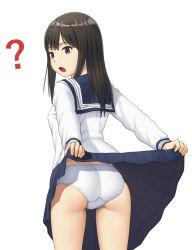 Rule 34 | 1girl, ?, ass, blouse, blue sailor collar, blue skirt, clothes lift, commentary, cowboy shot, crotch seam, from behind, highres, lifting own clothes, long hair, long sleeves, looking at viewer, looking back, maburu (lojyq1eur3e8bit), miniskirt, open mouth, original, panties, pleated skirt, sailor collar, shirt, simple background, skirt, skirt lift, solo, standing, underwear, white background, white panties, white shirt