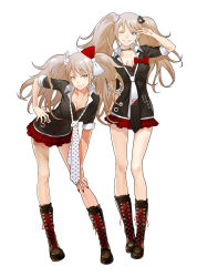 Rule 34 | 10s, 2girls, black footwear, blonde hair, boots, breasts, cleavage, cross-laced footwear, danganronpa: trigger happy havoc, danganronpa (series), enoshima junko, freckles, full body, highres, ikusaba mukuro, knee boots, lace-up, lace-up boots, long hair, long legs, looking at viewer, md5 mismatch, multiple girls, nail polish, necktie, one eye closed, redjuice, resolution mismatch, siblings, simple background, sisters, smile, source smaller, spoilers, twins, twintails, white background