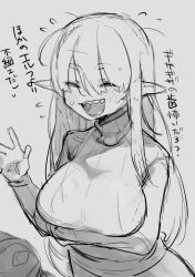 Rule 34 | 1girl, arm under breasts, blush, breasts, closed eyes, commentary request, elf, eyes visible through hair, flying sweatdrops, hair over eyes, karasuma234, large breasts, long hair, monochrome, open mouth, original, pointy ears, sharp teeth, sketch, solo focus, sweater, teeth, translation request, turtleneck, turtleneck sweater, waving