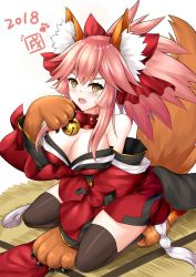 Rule 34 | 1girl, 2018, animal ears, animal hands, bare shoulders, bell, black legwear, blush, bow, breasts, cat paws, cleavage, collar, detached sleeves, fang, fate/grand order, fate (series), fox ears, fox tail, gloves, hair bow, hair ribbon, japanese clothes, jingle bell, large breasts, long hair, looking at viewer, neck bell, open mouth, paw gloves, paw shoes, pink hair, ponytail, red ribbon, ribbon, shoes, solo, tail, tamamo (fate), tamamo cat (fate), tamamo cat (first ascension) (fate), thighs, yan lie, yellow eyes