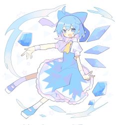 Rule 34 | 1girl, ahoge, arm up, ascot, blue bow, blue dress, blue eyes, blue footwear, blue hair, blush, bow, cirno, collared shirt, commentary request, cryokinesis, dress, eyes visible through hair, flying, hair between eyes, hand up, hatsushiro mamimu, highres, ice, ice wings, looking to the side, magic, open mouth, puffy short sleeves, puffy sleeves, shirt, shoes, short hair, short sleeves, smile, socks, solo, star (symbol), touhou, v, white shirt, white socks, wings, wrist cuffs, yellow ascot