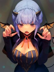 Rule 34 | 1girl, alternate costume, aoisu ao, bags under eyes, black horns, black nails, blue hair, blunt bangs, braid, breasts, brown eyes, cleavage, commentary request, crown braid, demon tail, demon wings, dress, fake horns, fake tail, fake wings, fang, fingernails, fire emblem, fire emblem: three houses, halloween, halloween costume, highres, horns, large breasts, long sleeves, looking at viewer, marianne von edmund, nintendo, open mouth, short hair, sidelocks, solo, tail, wings