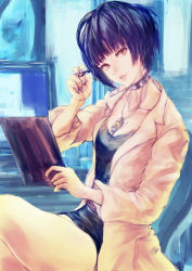Rule 34 | 1girl, black shirt, black skirt, blue hair, blunt bangs, breasts, cleavage, collar, collarbone, from side, grevenj, holding, holding pen, lab coat, medium breasts, miniskirt, nail polish, parted lips, pen, pencil skirt, persona, persona 5, shirt, short hair, sitting, skirt, solo, takemi tae, yellow eyes