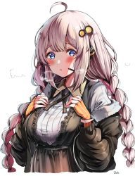 Rule 34 | 1girl, ahoge, bangle, blue eyes, blush, bracelet, braid, breast suppress, breasts, breath, character request, collared shirt, copyright request, gloves, grey hair, hair ornament, headphones, headset, highres, jacket, jewelry, large breasts, lips, microphone, open clothes, open jacket, open mouth, sak (lemondisk), shirt, solo, sweat, sweatdrop, twin braids