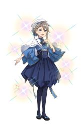 Rule 34 | 1girl, :d, ange (princess principal), asymmetrical hair, black footwear, black pantyhose, blue dress, blue eyes, blue neckwear, braid, capelet, dress, flower, full body, grey hair, hair flower, hair ornament, hand up, highres, looking at viewer, open mouth, pantyhose, princess principal, princess principal game of mission, shoes, short hair, smile, solo, sparkle, standing, transparent background, white capelet, wide sleeves