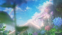 Rule 34 | 1girl, absurdres, against tree, barefoot, blue flower, blue sky, blurry, blurry foreground, blush, breasts, closed mouth, cloud, cloudy sky, colored inner hair, commission, day, dress, floating hair, flower, from side, grey hair, hand on own chest, highres, knees up, long bangs, looking ahead, medium breasts, multicolored hair, nature, original, outdoors, patch oxxo, plant, purple eyes, purple hair, rain, rainbow, red flower, sidelocks, sitting, sky, solo, tree, watermark, white dress