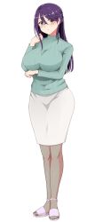 Rule 34 | 1girl, aki (double melon), blush, breast lift, breasts, brown eyes, brown pantyhose, glasses, green shirt, large breasts, long hair, long sleeves, pantyhose, purple hair, ribbed sweater, sandals, shirt, simple background, solo, sweater, white background