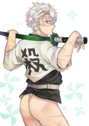 Rule 34 | 1boy, artist name, ass, contrapposto, cowboy shot, dated, fundoshi, highres, japanese clothes, kimetsu no yaiba, looking back, male focus, male underwear, msn png, no pants, over shoulder, parted lips, patterned background, pinwheel, rokushaku fundoshi, scar, scar on face, scar on forehead, shinazugawa sanemi, simple background, solo, sword, sword over shoulder, underwear, weapon, weapon over shoulder, white background, white hair, white male underwear