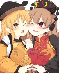 Rule 34 | 2girls, black dress, black hat, blonde hair, blush, breast press, breasts, brown hair, cheek-to-cheek, commentary request, crescent, dress, eye contact, hair between eyes, hat, headdress, heads together, holding, holding hands, interlocked fingers, junko (touhou), large breasts, lolimate, long hair, long sleeves, looking at another, matara okina, multiple girls, one eye closed, open mouth, orange eyes, red eyes, sidelocks, simple background, sweat, tabard, tassel, touhou, trembling, upper body, white background, wide sleeves