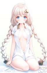 Rule 34 | 1girl, ahoge, bad id, bad pixiv id, bed sheet, blue eyes, blush, braid, breasts, closed mouth, collared shirt, dress shirt, grey hair, hair between eyes, hair ornament, kizuna akari, long hair, low twintails, medium breasts, murano, naked shirt, navel, open clothes, open shirt, seiza, shirt, sitting, solo, twin braids, twintails, very long hair, voiceroid, white background, white shirt