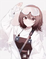Rule 34 | 1girl, arknights, brown eyes, brown hair, brown overalls, choker, closed mouth, coat, commentary, figmnts, goggles, goggles on head, hair between eyes, highres, long sleeves, looking at viewer, no animal ears, open clothes, open coat, overalls, roberta (arknights), shirt, short hair, smile, solo, upper body, white choker, white coat, white shirt