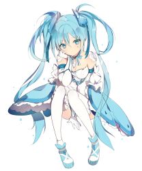 Rule 34 | 1girl, alternate costume, arm support, between legs, blue bow, blue eyes, blue footwear, blue hair, blue ribbon, bow, breasts, choker, cleavage, detached sleeves, dress, elbow gloves, eyebrows, frills, full body, gem, gloves, hair between eyes, hand between legs, hand on own cheek, hand on own face, hatsune miku, head rest, jewelry, lace-trimmed sleeves, lace trim, long hair, looking at viewer, lpip, matching hair/eyes, ribbon, shoes, shoulder pads, simple background, small breasts, solo, strapless, strapless dress, tears, thighhighs, twintails, very long hair, vocaloid, white background, white gloves, white thighhighs, wide sleeves